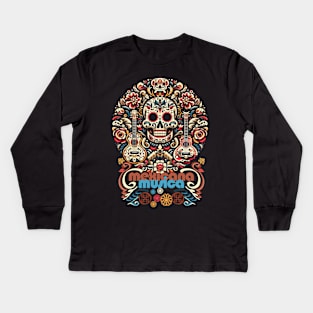 tshirt mug, sticker, print, Mexican dead festival skeleton as Latin Music 'Mexicana Musica' Kids Long Sleeve T-Shirt